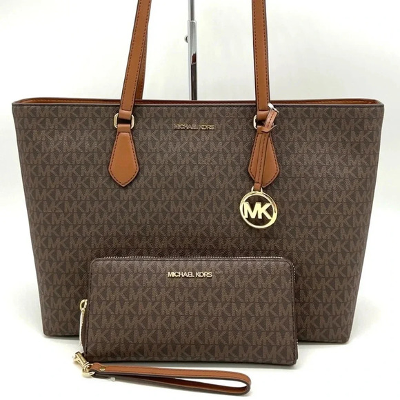 Michael Kors Bag Large Sheila Mf Tote & Continental Wallet Wristlet Brown - Picture 1 of 15